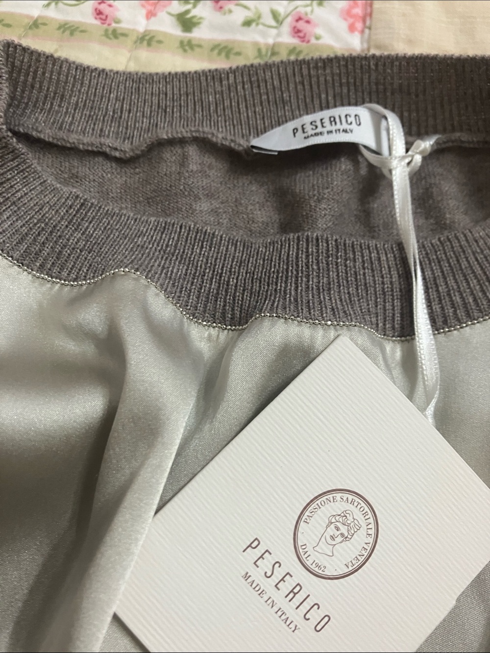 Peserico Silver-Trim Taupe Crewneck Sweater